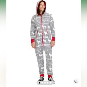 Tipsy Elves Gray onesie with fun moose design Jumpsuit for Men or Women.